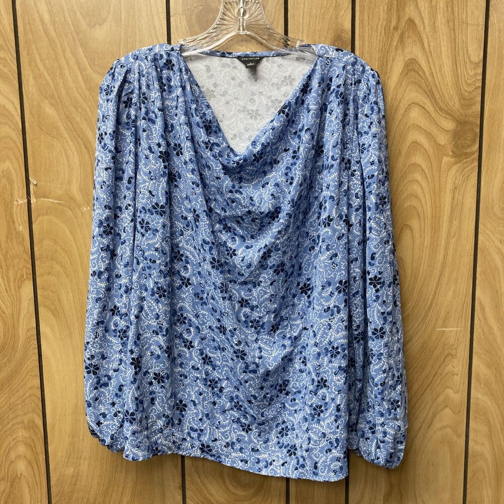 ANN TAYLOR blue white black floral cowl neck long sleeve top M